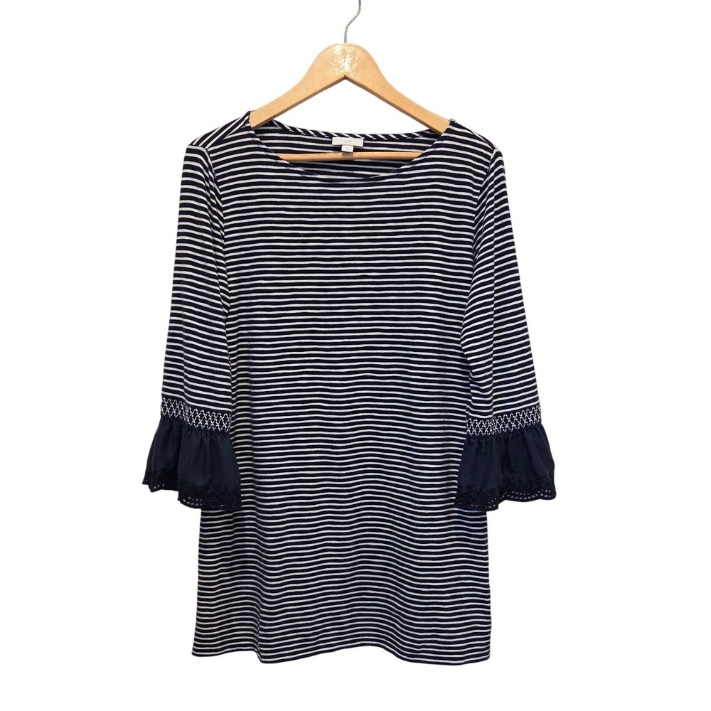 J.Jill Tunic Top Cotton Striped Bell Sleeve Relaxed Navy White Coastal Large